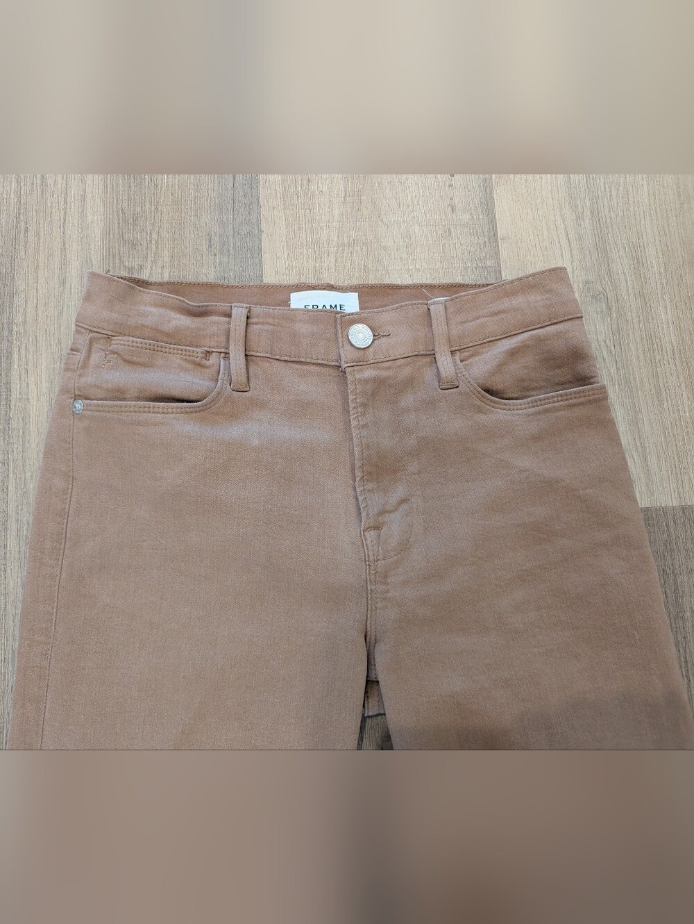 FRAME Straight Leg Mid Rise Jeans Tan Nude - Picture 3 of 7